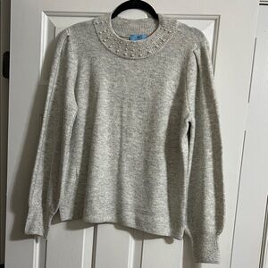 Cece Gray Puff Sleeve Soft Sweater with Pearls on Neckline Size Large